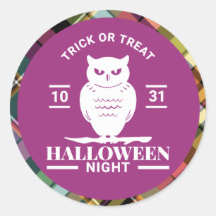 White Owl Halloween Night Colourful Plaid Classic Round Sticker