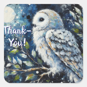 White Owl Moonlight Thank-You Square Sticker