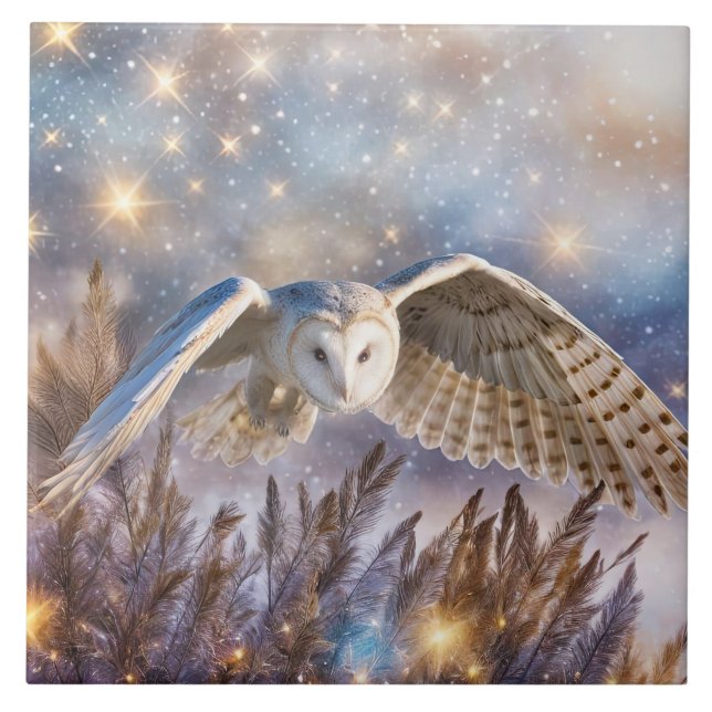 White Owl Mystical Magical Fantasy in Flight Ceramic Tile (Front)