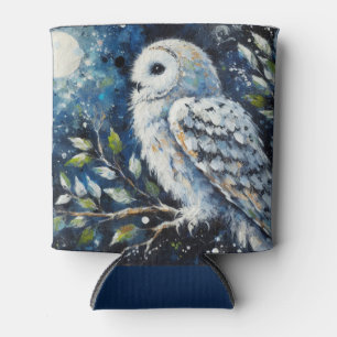 White Owl On Branch in Moonlight Painting Can Cooler