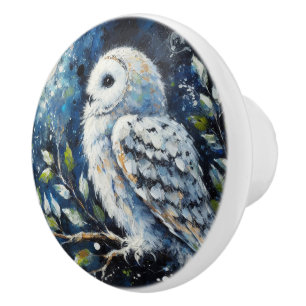 White Owl On Branch in Moonlight Painting Ceramic Knob