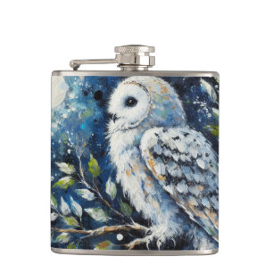 White Owl On Branch in Moonlight Painting Hip Flask