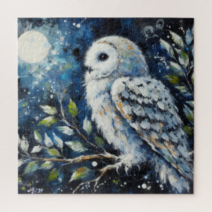 White Owl On Branch in Moonlight Painting Jigsaw Puzzle