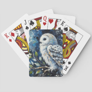 White Owl On Branch in Moonlight Painting Playing Cards