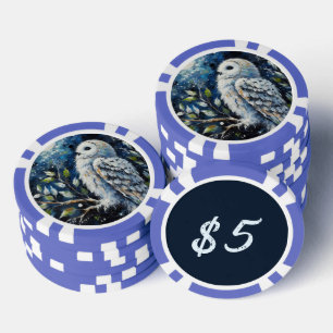 White Owl On Branch in Moonlight Painting Poker Chips