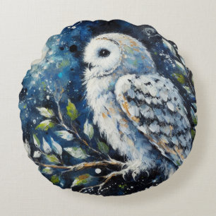 White Owl On Branch in Moonlight Painting Round Cushion