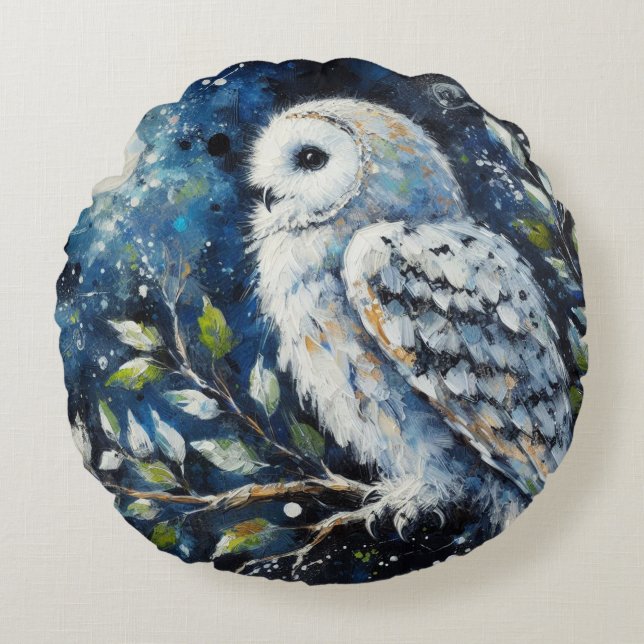White Owl On Branch in Moonlight Painting Round Cushion (Front)