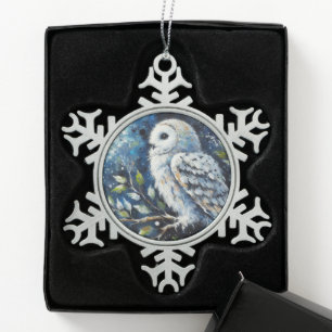 White Owl On Branch in Moonlight Painting Snowflake Pewter Christmas Ornament