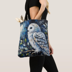 White Owl On Branch in Moonlight Painting Tote Bag