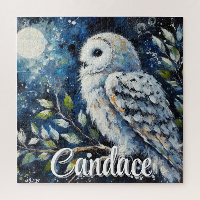 White Owl On Branch in Moonlight Personalised Jigsaw Puzzle (Vertical)