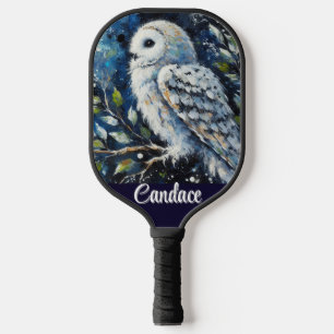 White Owl On Branch in Moonlight Personalised Pickleball Paddle