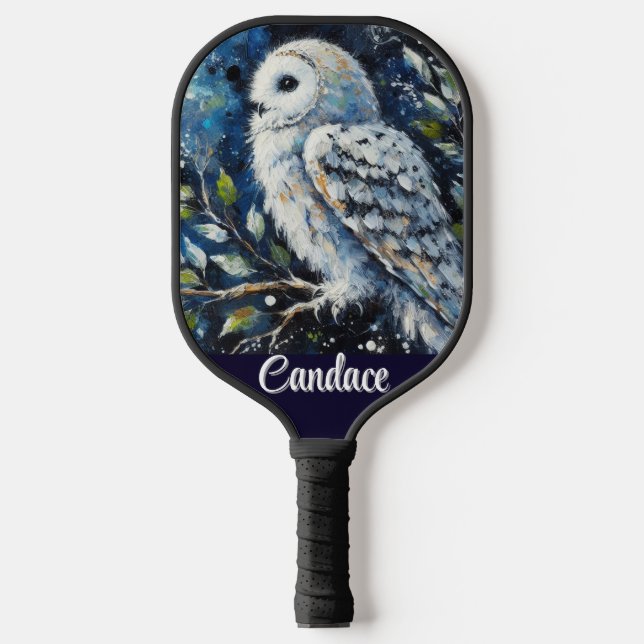 White Owl On Branch in Moonlight Personalised Pickleball Paddle (Front)