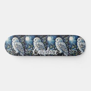 White Owl On Branch in Moonlight Personalised Skateboard