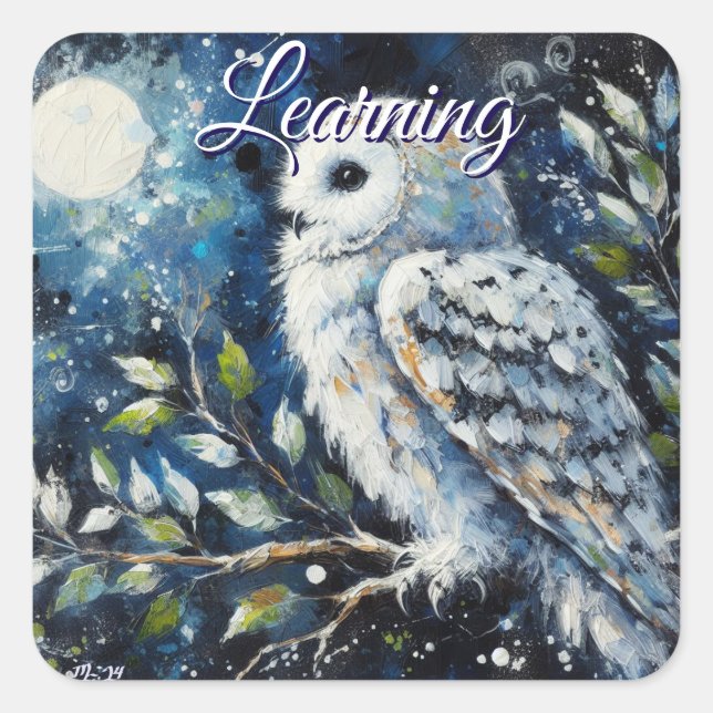 White Owl On Branch in Moonlight Personalised Square Sticker (Front)