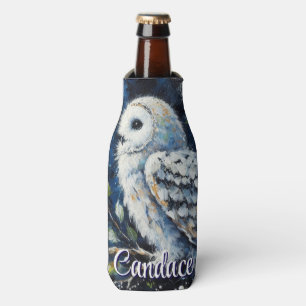 White Owl On Branch in Moonlight Personalized Bottle Cooler