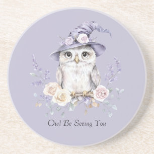 White Owl Purple Hat Pretty Flowers Coaster