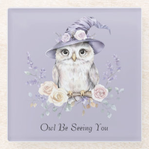 White Owl Purple Hat Pretty Flowers Glass Coaster