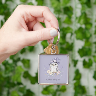 White Owl Purple Hat Pretty Flowers Key Ring