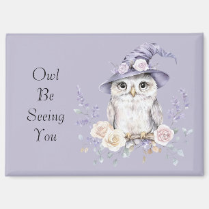 White Owl Purple Hat Pretty Flowers Magnet