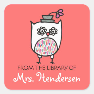 White Owl with Hat Bookplates Square Sticker