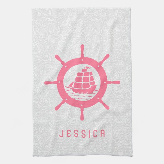 White Paisley Damasks & Pink Nautical Boat Wheel Tea Towel (Vertical)