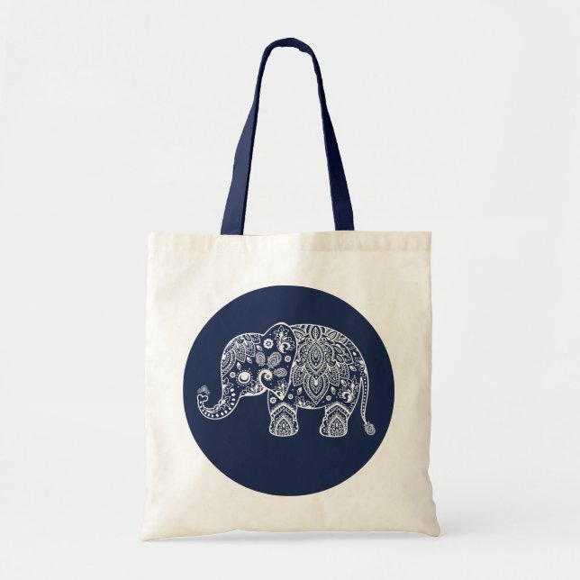 White Paisley Elephant Illustration On Blue Circle Tote Bag (Front)