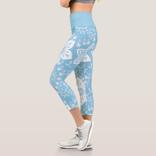 White Paisley Flowers Art Pattern On Light Blue Capri Leggings
