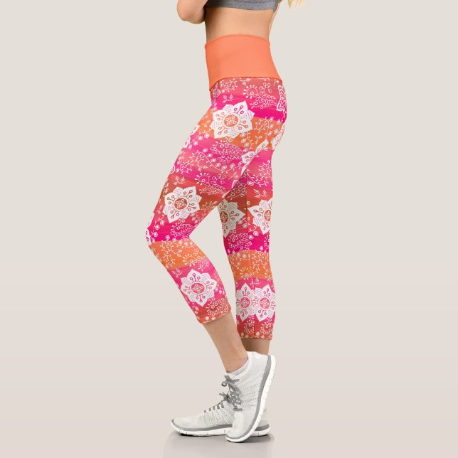 White Paisley Flowers On Hot Pink Orange Stripes Capri Leggings (Left)