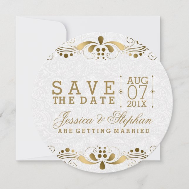 White Paisley & Gold Floral Swirls Save The Date (Front)