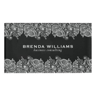 White paisley Lace On Black Background Name Tag