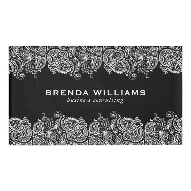 White paisley Lace On Black Background Name Tag (Front)