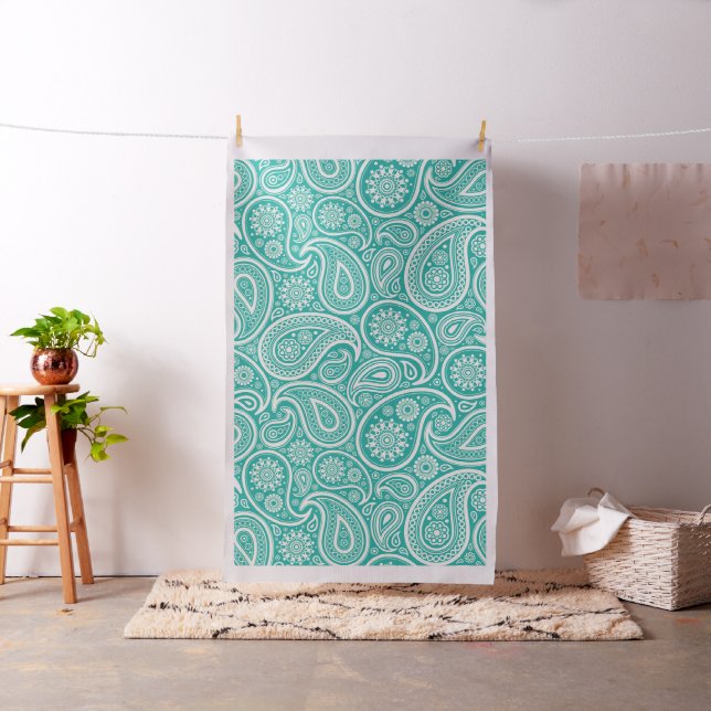 White paisley on turquoise background fabric (In Situ)