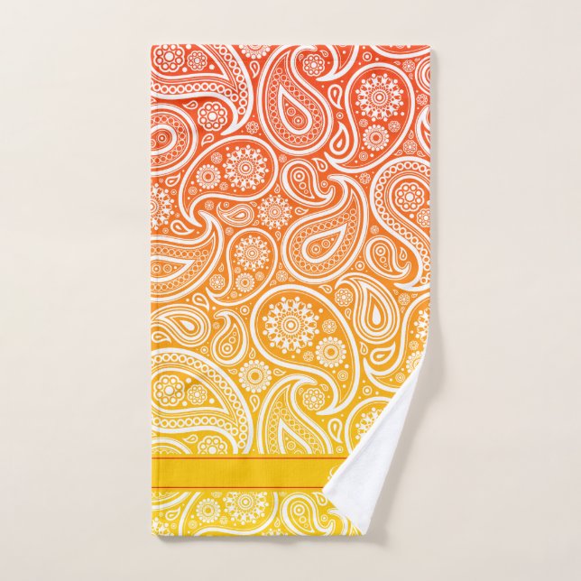 White paisley on yellow to red ombre bath towel set (Hand Towel)