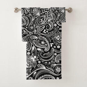 White paisley pattern on black background bath towel set