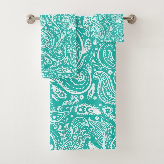 White paisley pattern on mint-green bath towel set (Insitu)