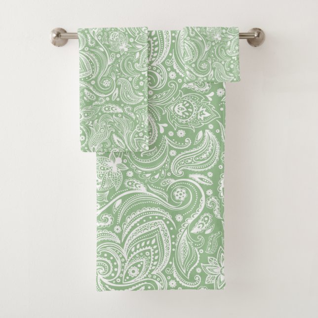 White paisley pattern on sage green background bath towel set (Insitu)