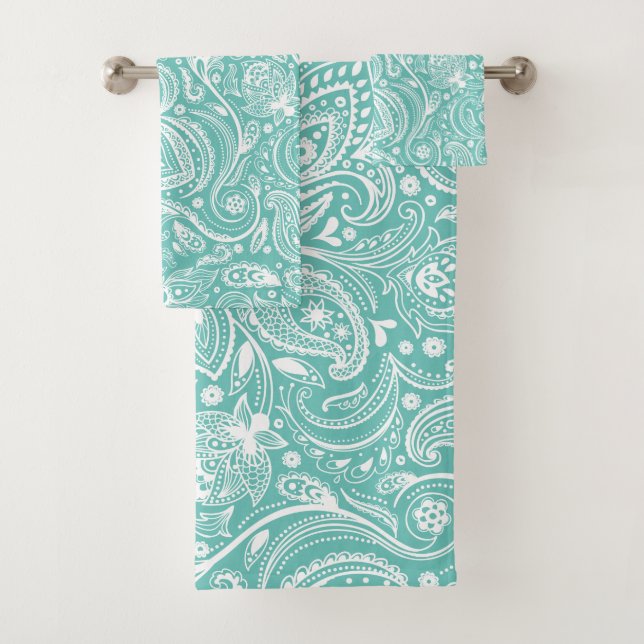 White paisley pattern on turquoise background bath towel set (Insitu)
