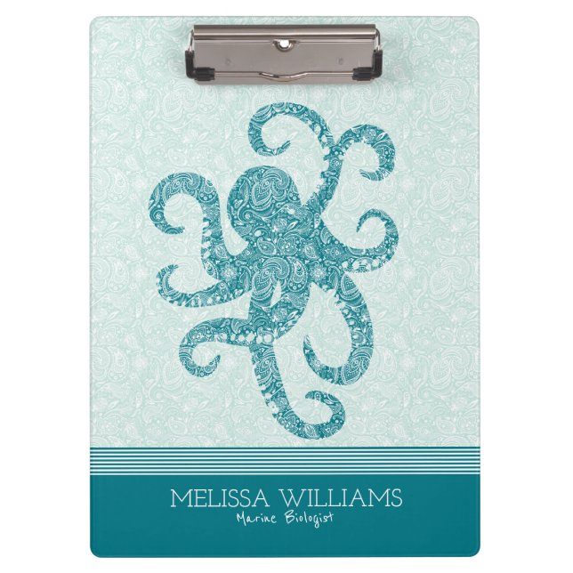 White Paisley & Turquoise Green Octopus Clipboard (Front)
