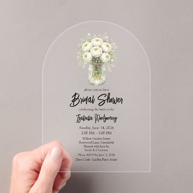 White Palette Ranunculus Mason Jar Bridal Shower Acrylic Invitations (Insitu (Handheld))
