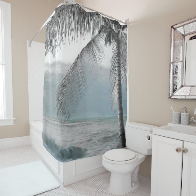 White Palm Coconut Tree Elegant Beach Paradise Shower Curtain (In Situ)