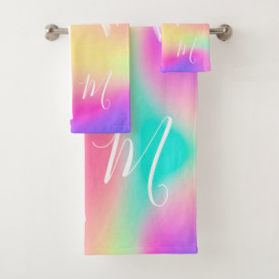 White Palm Colourful Tropical Elegant Monogram  Bath Towel Set