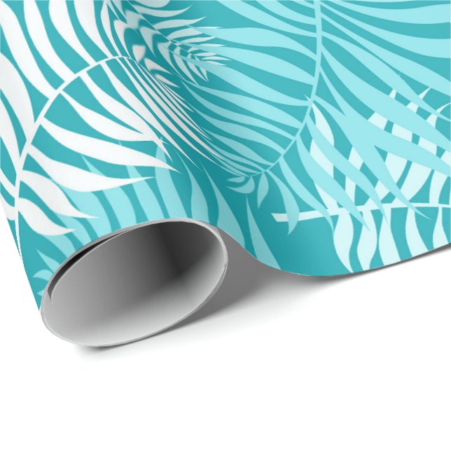 White Palm Frond on Aqua Wrapping Paper (Roll Corner)