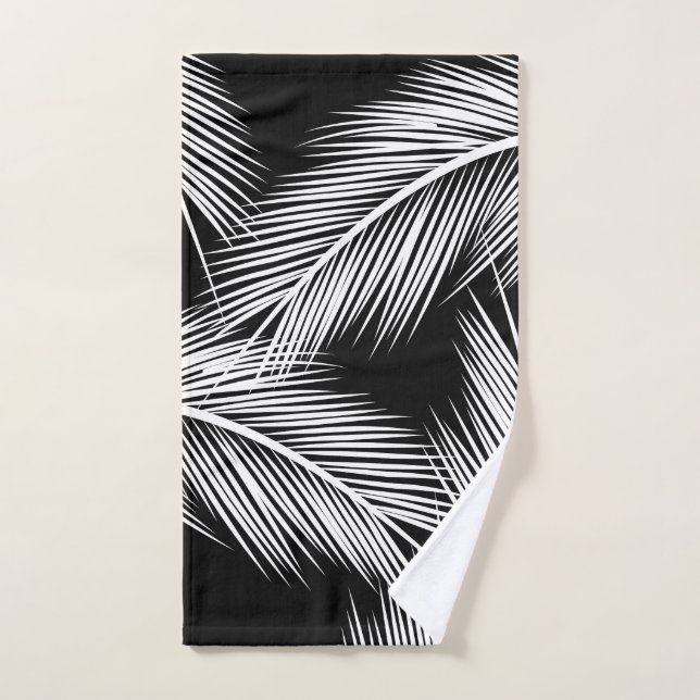 White palm leaves on black colour background bath towel set (Hand Towel)