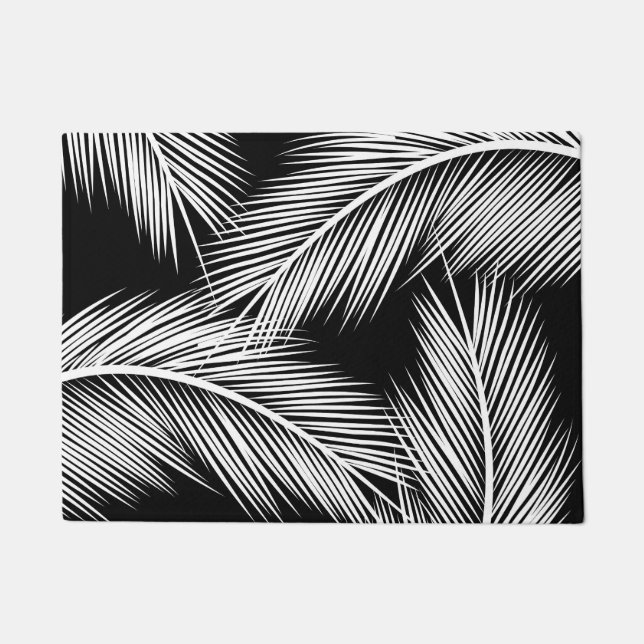 White palm leaves on black colour background doormat (Front)