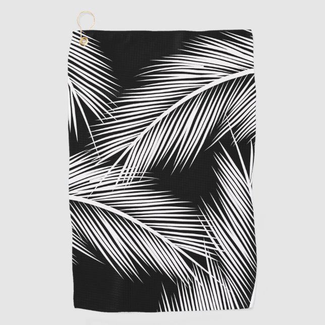 White palm leaves on black colour background golf towel (Front)