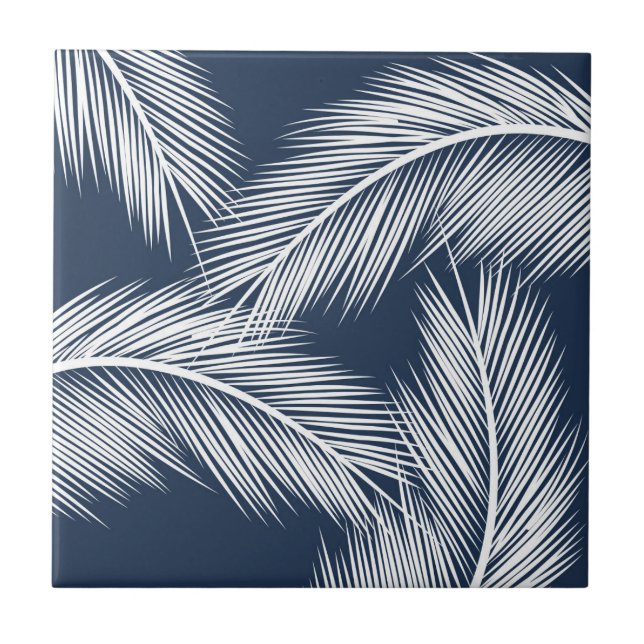 White palm leaves on dark blue colour background ceramic tile (Front)