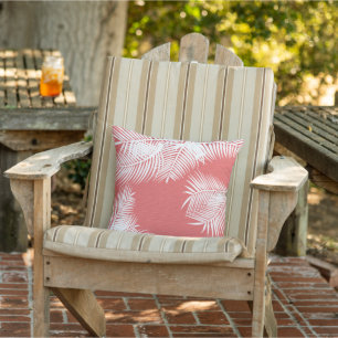 White Palm Leaves on Faux Coral Burlap  - Tropical Outdoor Cushion