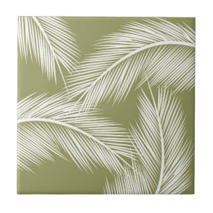 White palm leaves on green colour background ceramic tile