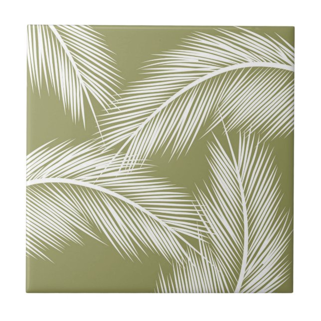 White palm leaves on green colour background ceramic tile (Front)