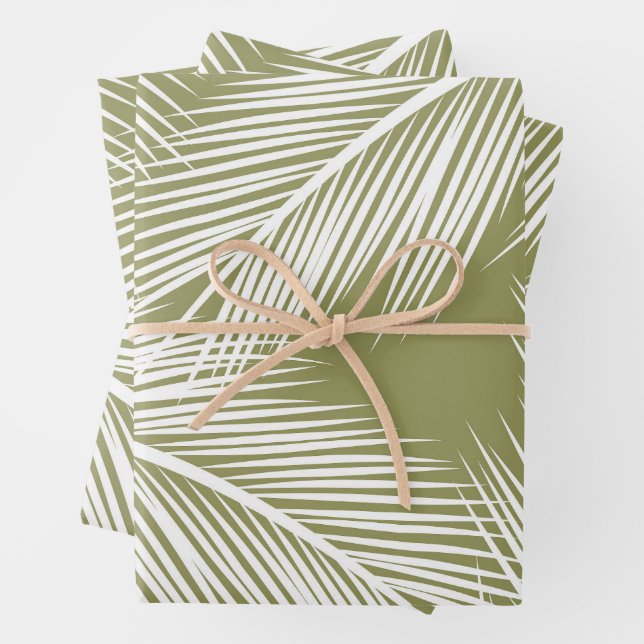 White palm leaves on green colour background wrapping paper sheet (In situ)